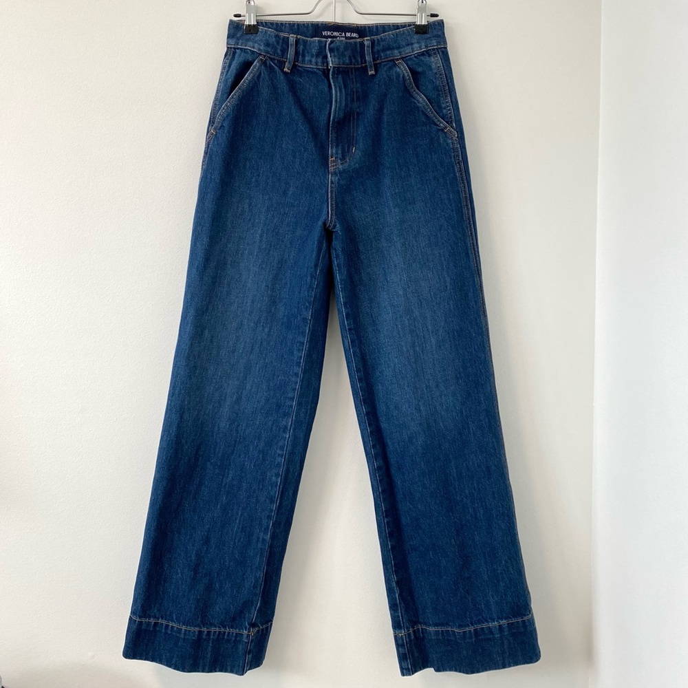 Veronica Beard Taylor Wide Leg High Rise Dark Denim Belted Long Trouser Jeans 27 - Picture 5 of 11